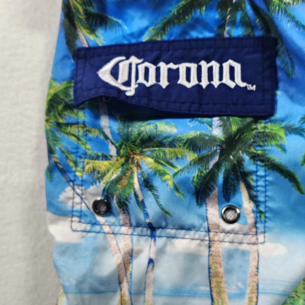 Corona Palm Tree Swim Trunks Men's Blue Board Shorts Beach‎ Vacation Size 34